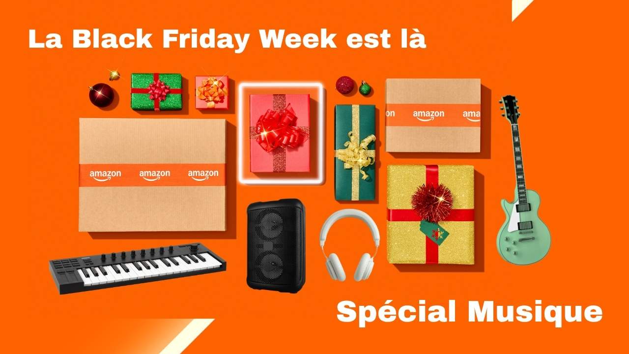 BlackFridayWeek-2025 Image promotionnelle Black Friday Week Amazon : cartons Amazon, cadeaux de Noël, instruments de musique et accessoires audio sur fond orange, avec le texte “La Black Friday Week est là – Spécial Musique”.
