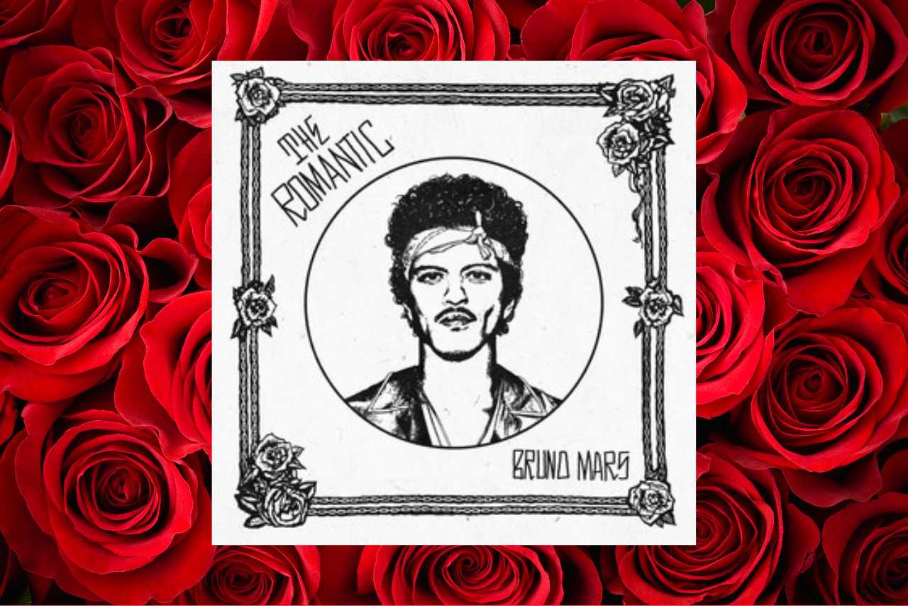 bruno-mars-the-romantic-album-2026 Couverture album The Romantic de Bruno Mars - 2026. Arrière plan roses rouges